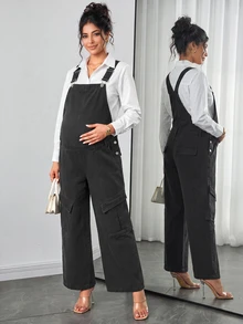 SHEIN Maternity Casual Versatile Everyday Denim Overalls Long Pants - Black - View 4