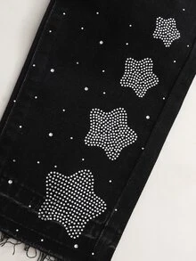 SHEIN Tween Boy Denim Jeans Streetwear 2000s Star Rhinestone + Shiny Crystal Design Loose Straight Wide Leg Fit Black Washed Holiday Summer - Black - View 7