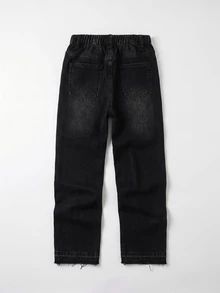 SHEIN Tween Boy Denim Jeans Streetwear 2000s Star Rhinestone + Shiny Crystal Design Loose Straight Wide Leg Fit Black Washed Holiday Summer - Black - View 9