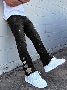 SHEIN Tween Boy Denim Jeans Streetwear 2000s Star Rhinestone + Shiny Crystal Design Loose Straight Wide Leg Fit Black Washed Holiday Summer - Black - View 1