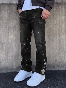 SHEIN Tween Boy Denim Jeans Streetwear 2000s Star Rhinestone + Shiny Crystal Design Loose Straight Wide Leg Fit Black Washed Holiday Summer - Black - View 3