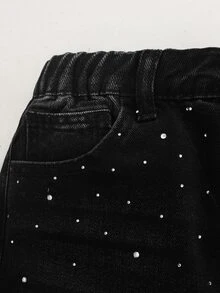 SHEIN Tween Boy Denim Jeans Streetwear 2000s Star Rhinestone + Shiny Crystal Design Loose Straight Wide Leg Fit Black Washed Holiday Summer - Black - View 10