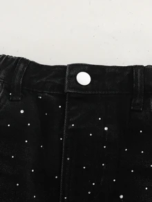 SHEIN Tween Boy Denim Jeans Streetwear 2000s Star Rhinestone + Shiny Crystal Design Loose Straight Wide Leg Fit Black Washed Holiday Summer - Black - View 8
