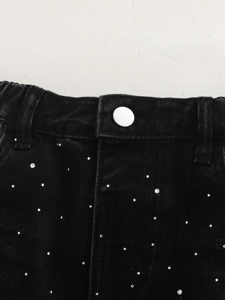 SHEIN Tween Boy Denim Jeans Streetwear 2000s Star Rhinestone + Shiny Crystal Design Loose Straight Wide Leg Fit Black Washed Holiday Summer - Black - View 8