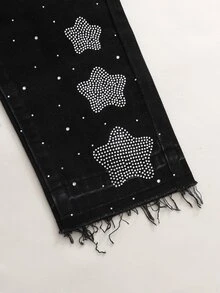 SHEIN Tween Boy Denim Jeans Streetwear 2000s Star Rhinestone + Shiny Crystal Design Loose Straight Wide Leg Fit Black Washed Holiday Summer - Black - View 6