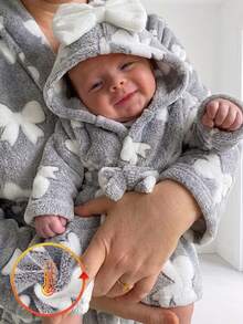 SHEIN Autumn/Winter Double-Sided Flannel Bow Print Baby Girl Newborn Bathrobe/Nightgown - Grey - View 8
