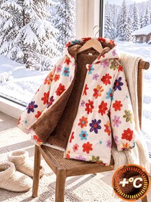 SHEIN 1件女童冬季新款多色毛絨內裡拉鍊開襟衫，附彈性腰部與連帽，加厚保暖內裡簡約時尚防寒外套，適合戶外與通勤 - 彩色 - 查看 4
