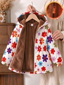 SHEIN 1件女童冬季新款多色毛絨內裡拉鍊開襟衫，附彈性腰部與連帽，加厚保暖內裡簡約時尚防寒外套，適合戶外與通勤 - 彩色 - 查看 1