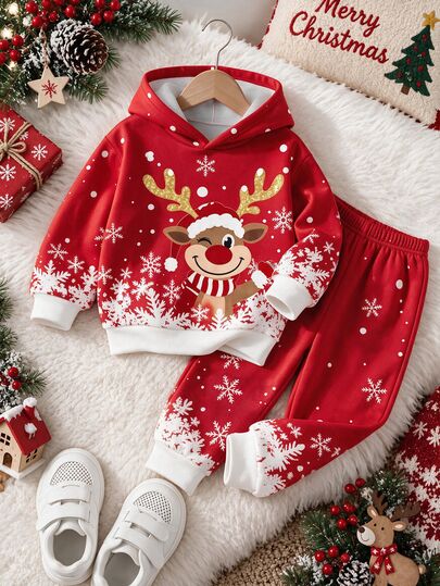 Boys Christmas Outfit, Deer Snowflake Digital Print Hoodie + Plaid Sweatpants Set, Suitable For Parties Birthday Photoshoots Outings Fall Baby Western