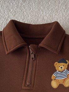 SHEIN 幼童男童棕色條紋熊刺繡半拉鍊領長袖衛衣褲套裝 垂直條紋 親子套裝 生日秋季穿搭 - 棕色 - 查看 10