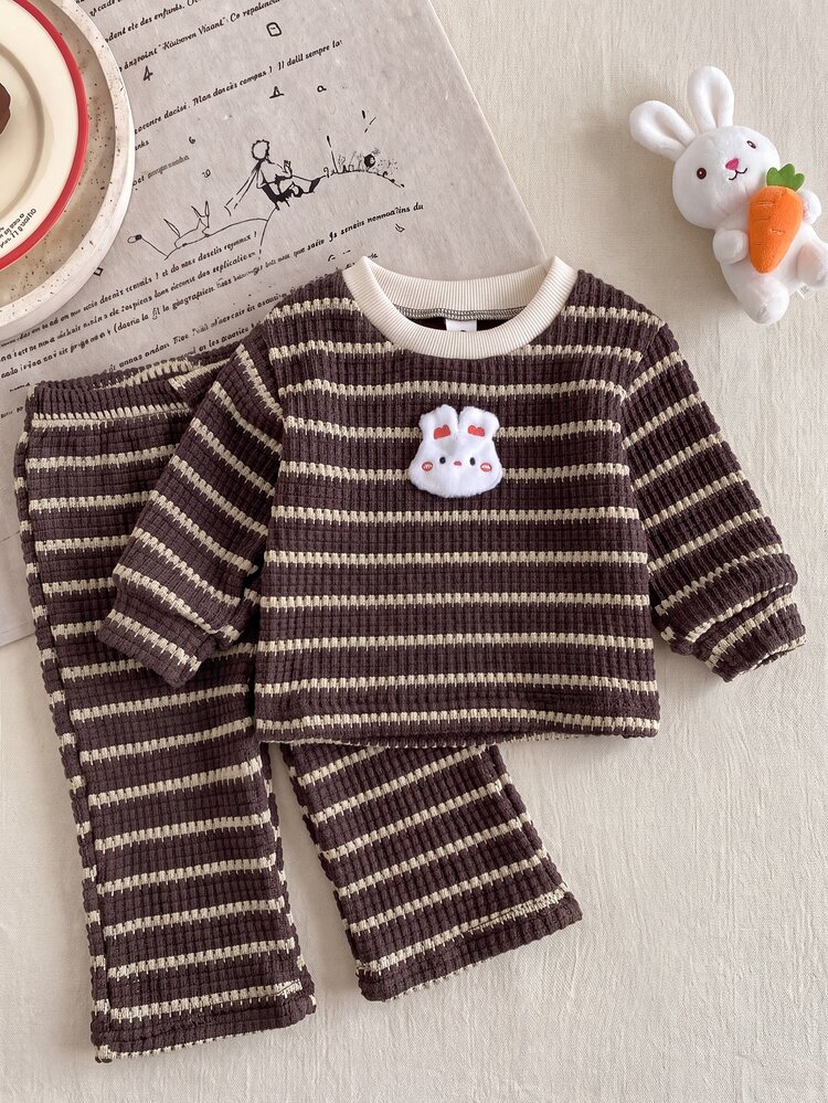 SHEIN 2pcs Toddler Girl T-Shirt Pants Set Cute Brown Cream Waffle Striped 3D Bunny Patch Long Sleeve Round Neck Birthday Party Fall Holiday Sweaters Cozy - Brown - View 4