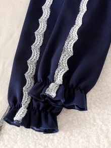 SHEIN Girls 2pcs Set, Lace Bow Applique Ruffle Hem Long Sleeve Top + Lace Trim Flare Pants, Navy Blue Ribbed Knit Preppy Baby Western Style Outfit, Fall - Navy Blue - View 7
