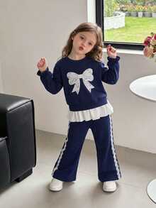 SHEIN Girls 2pcs Set, Lace Bow Applique Ruffle Hem Long Sleeve Top + Lace Trim Flare Pants, Navy Blue Ribbed Knit Preppy Baby Western Style Outfit, Fall - Navy Blue - View 4