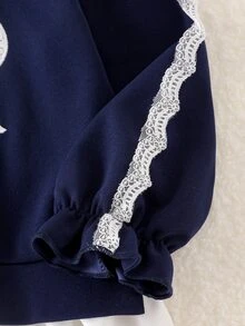 SHEIN Girls 2pcs Set, Lace Bow Applique Ruffle Hem Long Sleeve Top + Lace Trim Flare Pants, Navy Blue Ribbed Knit Preppy Baby Western Style Outfit, Fall - Navy Blue - View 6