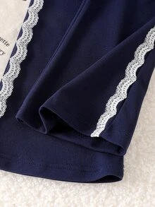 SHEIN Girls 2pcs Set, Lace Bow Applique Ruffle Hem Long Sleeve Top + Lace Trim Flare Pants, Navy Blue Ribbed Knit Preppy Baby Western Style Outfit, Fall - Navy Blue - View 8