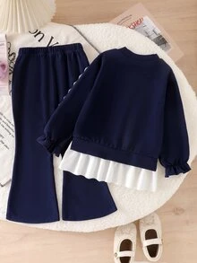 SHEIN Girls 2pcs Set, Lace Bow Applique Ruffle Hem Long Sleeve Top + Lace Trim Flare Pants, Navy Blue Ribbed Knit Preppy Baby Western Style Outfit, Fall - Navy Blue - View 2