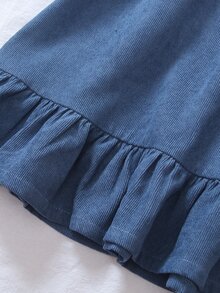 SHEIN 女童花卉刺繡荷葉領燈芯絨洋裝，長袖鬆身公主裙，波浪下擺，適合返校、派對與日常穿著 - 藍色 - 查看 6