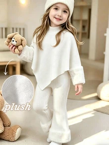 SHEIN Playful Pals Young Girl 2 Pcs Set Fall Casual T-Shirt Set, Asymmetrical Pullover High Neck Knitted Top And Flared Pants, Sleeve Hem Splicing Plush Birthday White - White - View 4