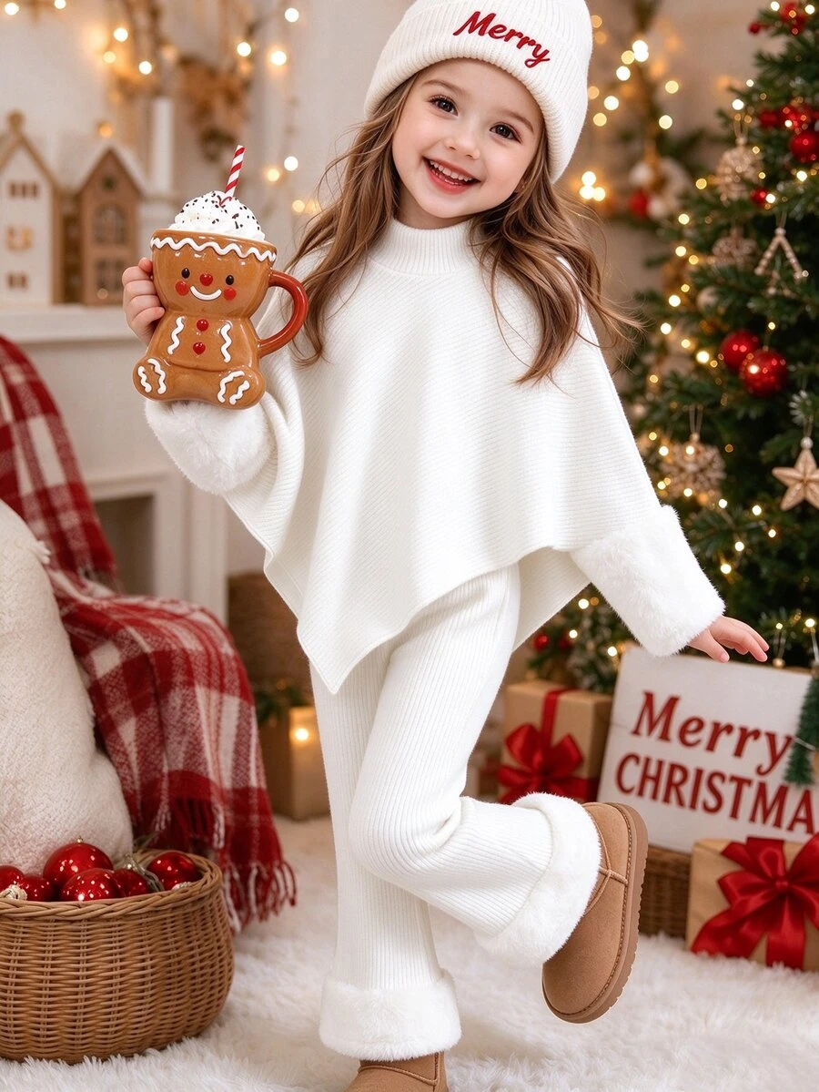 SHEIN Playful Pals Young Girl 2 Pcs Set Fall Casual T-Shirt Set, Asymmetrical Pullover High Neck Knitted Top And Flared Pants, Sleeve Hem Splicing Plush Birthday White