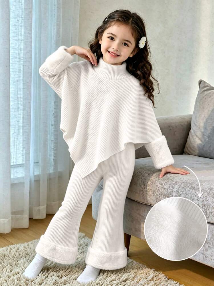 SHEIN Playful Pals 女童 2 件套秋季休閒 T 恤套裝，不對稱套頭高領針織上衣與喇叭褲，袖口拼接毛絨，生日白色 - 白色 - 查看 4