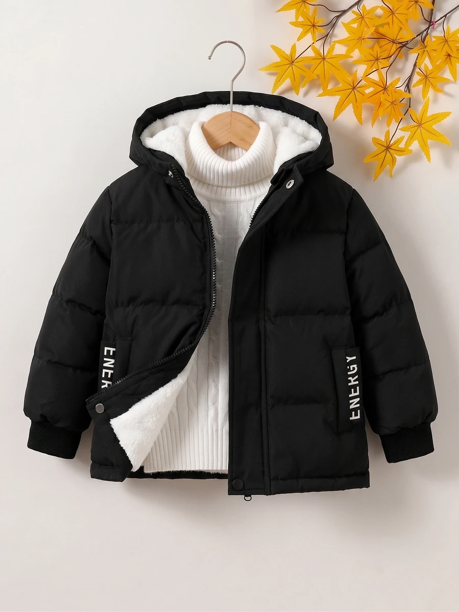 SHEIN 男童棉質加厚夾克外套,戶外街頭紳士風,厚實保暖,秋冬款 - 黑色 - 查看 1