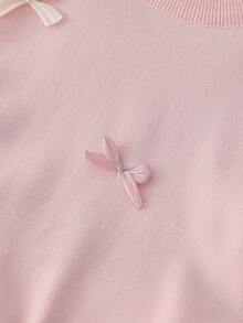 SHEIN 女童粉色針織套裝，手工歐根紗蝴蝶結，圓領落肩長袖套頭毛衣 + 同款百褶裙，冬季款 - 粉色 - 查看 4