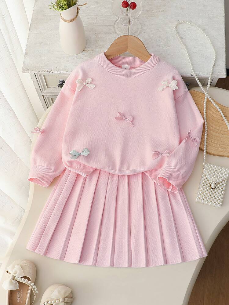 SHEIN Rosa tröjset för ung flicka, handgjord organza rosett, rund hals, sänkta axlar, långärmad pullovertröja + matchande plisserad kjol för vintern - Rosa - Visa 8