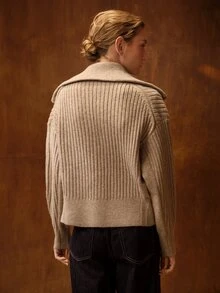 MOTF PREMIUM WOMEN'S AUTUMN/WINTER MINIMALIST VERSATILE ZIP-UP CARDIGAN WITH LARGE LAPEL AND RIBBED KNIT - Khaki - View 3