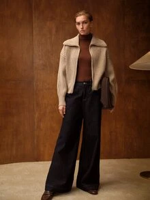 MOTF PREMIUM WOMEN'S AUTUMN/WINTER MINIMALIST VERSATILE ZIP-UP CARDIGAN WITH LARGE LAPEL AND RIBBED KNIT - Khaki - View 5