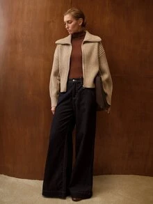 MOTF PREMIUM WOMEN'S AUTUMN/WINTER MINIMALIST VERSATILE ZIP-UP CARDIGAN WITH LARGE LAPEL AND RIBBED KNIT - Khaki - View 7