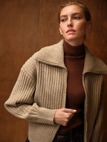 MOTF PREMIUM WOMEN'S AUTUMN/WINTER MINIMALIST VERSATILE ZIP-UP CARDIGAN WITH LARGE LAPEL AND RIBBED KNIT - Khaki - View 4