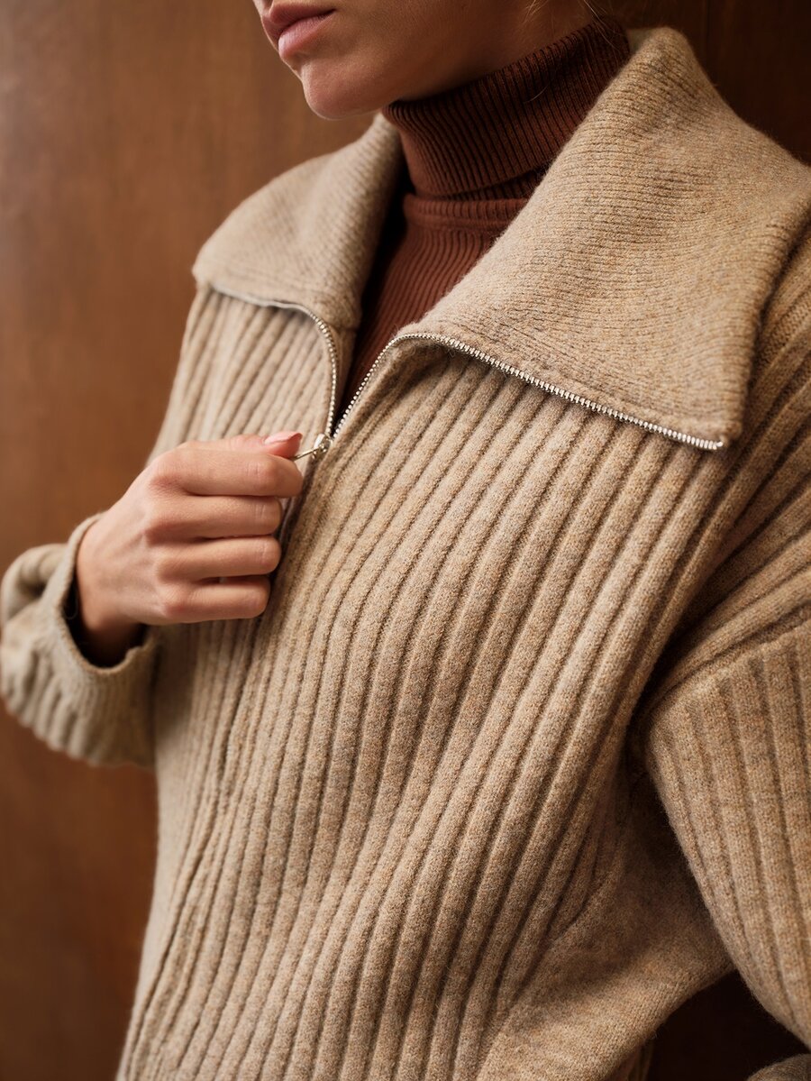 MOTF PREMIUM WOMEN'S AUTUMN/WINTER MINIMALIST VERSATILE ZIP-UP CARDIGAN WITH LARGE LAPEL AND RIBBED KNIT - Khaki - View 1