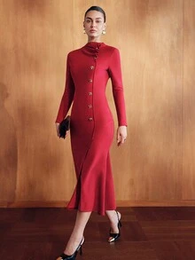 MOTF PREMIUM WOMEN'S ELEGANT LONG DRESS WITH FRONT ASYMMETRICAL BUTTON PLACKET - Burgundy - View 5