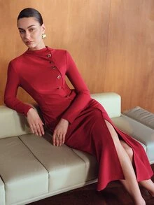 MOTF PREMIUM WOMEN'S ELEGANT LONG DRESS WITH FRONT ASYMMETRICAL BUTTON PLACKET - Burgundy - View 1