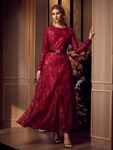MOTF Soiréza ELEGANT FRENCH LUXURY SEQUIN EMBROIDERED LONG SLEEVE ROUND NECK CINCHED WAIST FLATTERING FULL SKIRT WOMEN'S EVENING DRESS DRESS - Burgundy - View 2