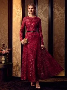 MOTF Soiréza ELEGANT FRENCH LUXURY SEQUIN EMBROIDERED LONG SLEEVE ROUND NECK CINCHED WAIST FLATTERING FULL SKIRT WOMEN'S EVENING DRESS DRESS - Burgundy - View 7
