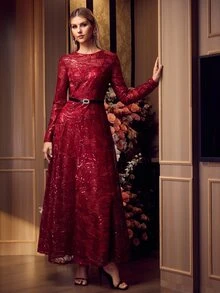 MOTF Soiréza ELEGANT FRENCH LUXURY SEQUIN EMBROIDERED LONG SLEEVE ROUND NECK CINCHED WAIST FLATTERING FULL SKIRT WOMEN'S EVENING DRESS DRESS - Burgundy - View 5