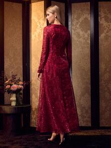 MOTF Soiréza ELEGANT FRENCH LUXURY SEQUIN EMBROIDERED LONG SLEEVE ROUND NECK CINCHED WAIST FLATTERING FULL SKIRT WOMEN'S EVENING DRESS DRESS - Burgundy - View 4