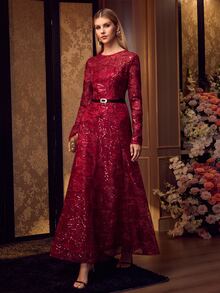 MOTF Soiréza ELEGANT FRENCH LUXURY SEQUIN EMBROIDERED LONG SLEEVE ROUND NECK CINCHED WAIST FLATTERING FULL SKIRT WOMEN'S EVENING DRESS DRESS - Burgundy - View 6