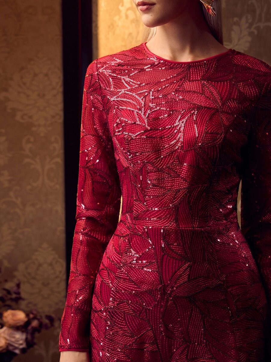 MOTF Soiréza ELEGANT FRENCH LUXURY SEQUIN EMBROIDERED LONG SLEEVE ROUND NECK CINCHED WAIST FLATTERING FULL SKIRT WOMEN'S EVENING DRESS DRESS - Burgundy - View 1