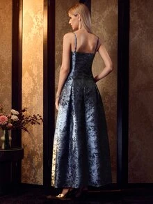 MOTF Soiréza WOMEN ELEGANT MAXI GOWN WITH 3D FLOWER TRIM, SPAGHETTI STRAPS, IDEAL FOR PARTIES AND EVENING EVENTS - Dusty Blue - View 3