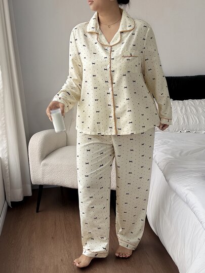 Napfluff CURVE Napfluff CURVE Plus Size Bubble Crinkle Bow Print Lapel Long Sleeve Pants Pajama Set