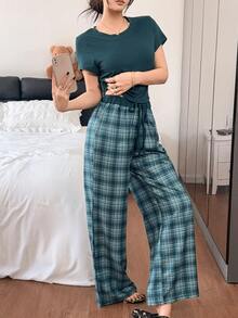 Napfluff Casual Home & Outdoor Wear, Plaid Knit Short Sleeve Women's Pajama Pants Set - Green - View 4