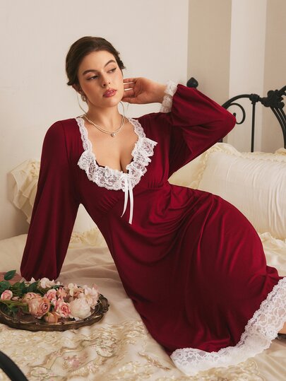 Côtesoire Plus Size Southern French Elegant Contrast Color Lace Long Sleeve Nightgown
