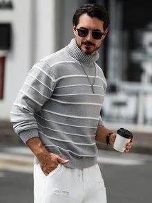 Marcello Vane 男士條紋高領長袖休閒街頭風百搭毛衣 灰色 秋季度假款 - 灰色 - 查看 5