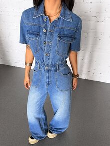StreetHx High Elastic Street Style Sexy Denim Jumpsuit,Fall/Winter,New Year Outfit - Blue - View 8
