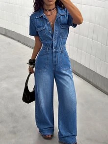 StreetHx High Elastic Street Style Sexy Denim Jumpsuit,Fall/Winter,New Year Outfit - Blue - View 1