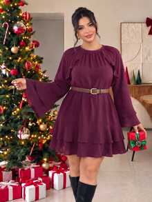Lounesse Plus-Size Women'S Burgundy Bell-Sleeve Dress Valentine'S Day And Christmas Outfits New Year Dress Festival Outfits Christmas Dress Elegant Dresses - Red - View 5