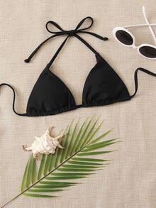 Oceva Women's Summer Beach Solid Color Halter Tie Sexy Triangle Cup Bikini Top (Removable Bow Tie) - Black - View 7