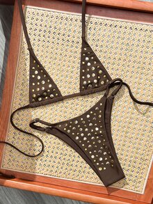 Oceva 2026 New Spring/Summer 2-Piece Bikini Swimwear, Women's Sexy Backless Tie-Strap Rhinestone Beach Vacation Separates - Brown - View 6